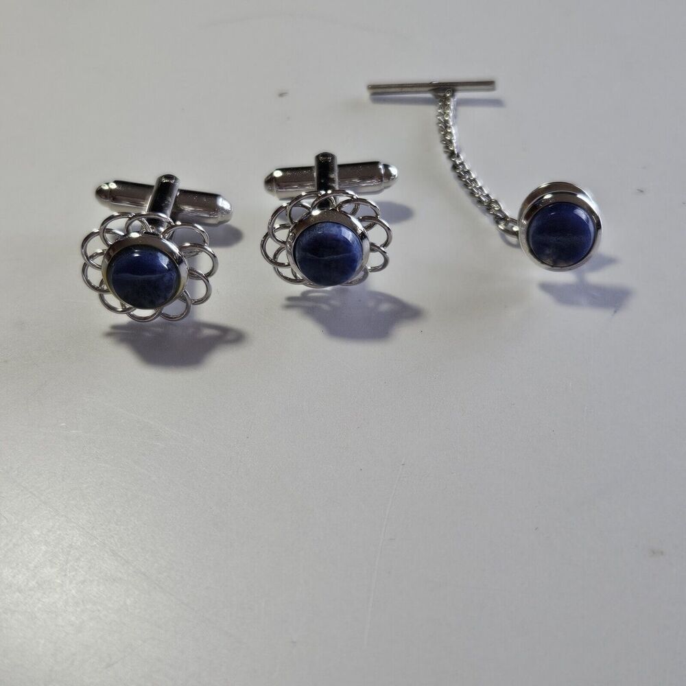 Vintage Dante Silver Tone Blue Semiprecious Cufflinks And Tie Pin Set